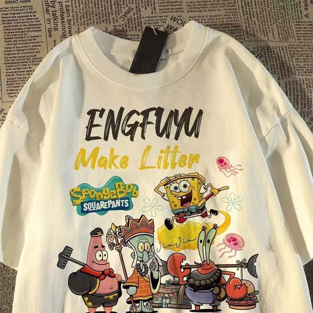 เสื้อยืดแขนสั้นสไตล์ฮ่องกง พิมพ์ SpongeBob SquarePants สำหรับทั้งผู้ชายและผู้หญิง ทรงหลวมรอบคอมีสไตล์ ราคา ถูกที่สุด ดีลบีเคเค แกลเลอรีภาพที่ 6