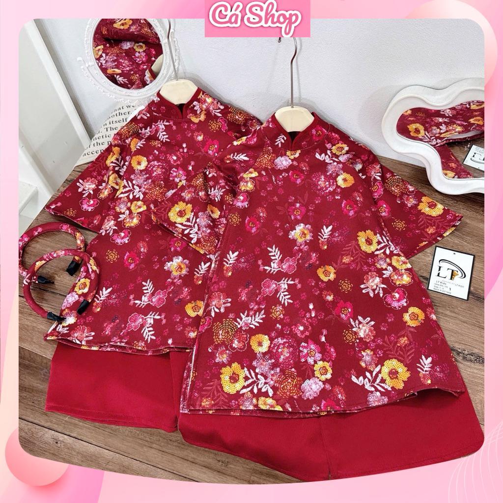 LT123, Set ao dai สีแดงทันสมัยพร้อมดอกไม้หลากสีและแผงคอสําหรับสาวน้อยใส่ในช่วง Tet