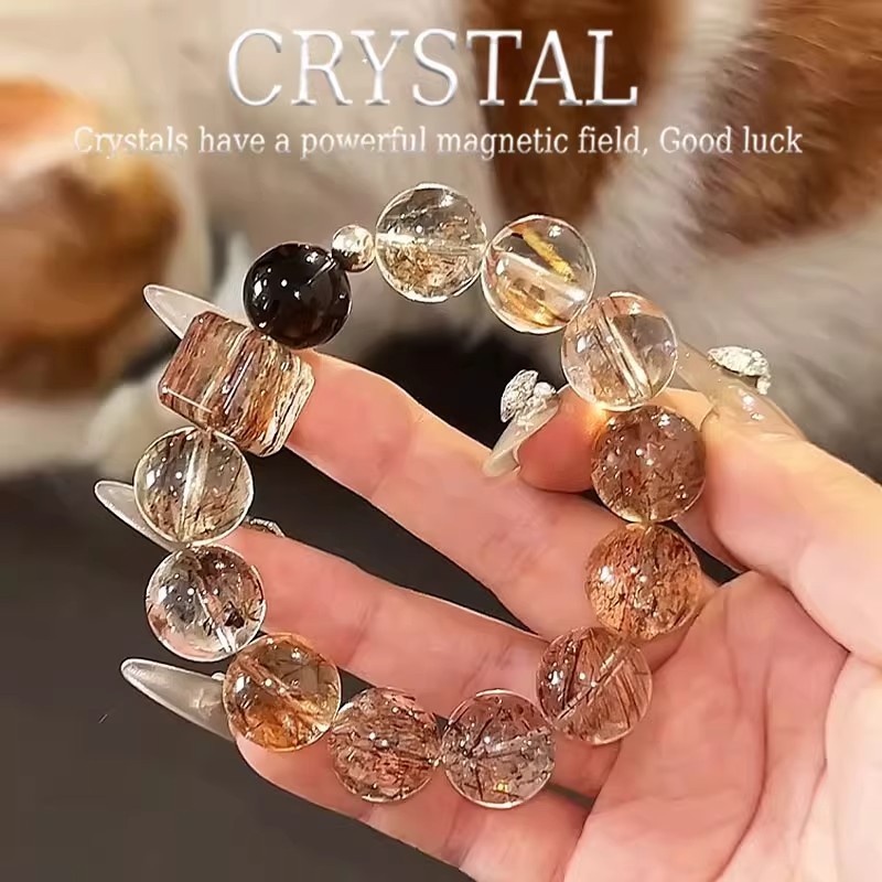 สร้อยข้อมือ เครื่องประดับ น้ำตาลดำทอง 12mm แบล็คโกลด์ซุปเปอร์เซเว่น ทรงสี่เหลี่ยม เรียกทรัพย์ คุ้มครอง ขยายพลัง หินแท้ ของขวัญเพื่อน ชายหญิง，สร้อยข้อมือคริสตัล Super Seven Cube สีดำและทองธรรมชาติน้ำตาลอัญมณี เพื่อโชคลาภและความสำเร็จระดับไฮเอนด์