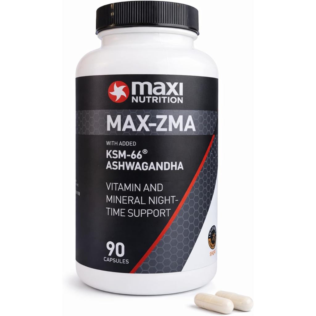 Maximuscle Max-ZMA | สังกะสี แมกนีเซียม วิตามิน B6 & K-66 Ashwagandha เพื่อการฟื้นตัว | 90 แคปซูล