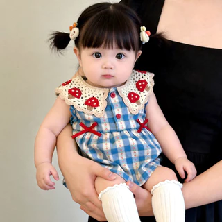 เสื้อผ้าเด็กใหม่ฤดูร้อนลายสก๊อตสีฟ้าบางพักกลางวัน เจ ผู้ตัดสิน 0-24เดือนน่ารักสุดน่ารักถักปกสามเหลี่ยม ฮ่า-ฮ่า เสื้อผ้าโบว์ผ้าฝ้ายแท้บอดี้สูท
