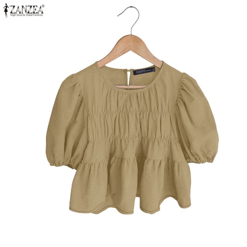 เสื้อพัฟแขน pleats splicing สไตล์เกาหลีสำหรับผู้หญิงฤดูร้อน
