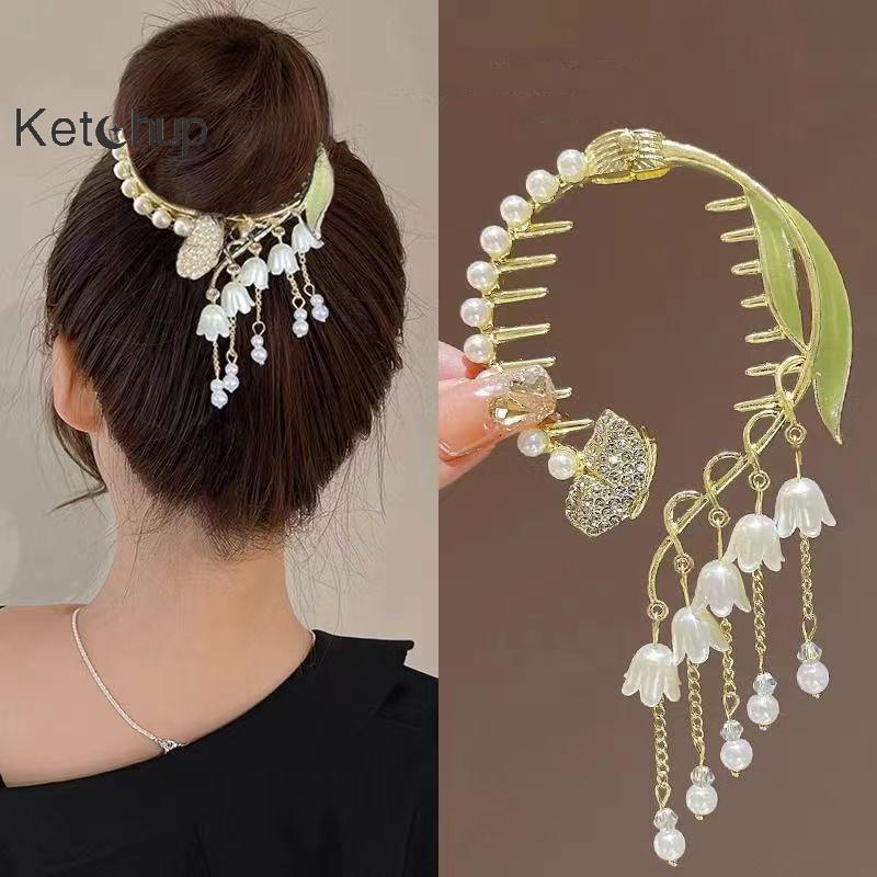 [Ktchup-t] Elegant Hair Claw Pill Head หางม้า Bule Pearl Rhinestone Pearl sel Shark Clip Hairband กิ๊บติดผมผ้าโพกศีรษะดี