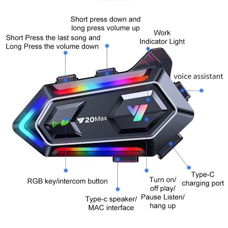 บลูทูธอินเตอร์คอมสําหรับหมวกกันน็อคมอเตอร์ไซค์ กันน้ํา รุ่น Y20 MAX ไฟ RGB V5.3 ความจุแบตเตอรี่ 1000