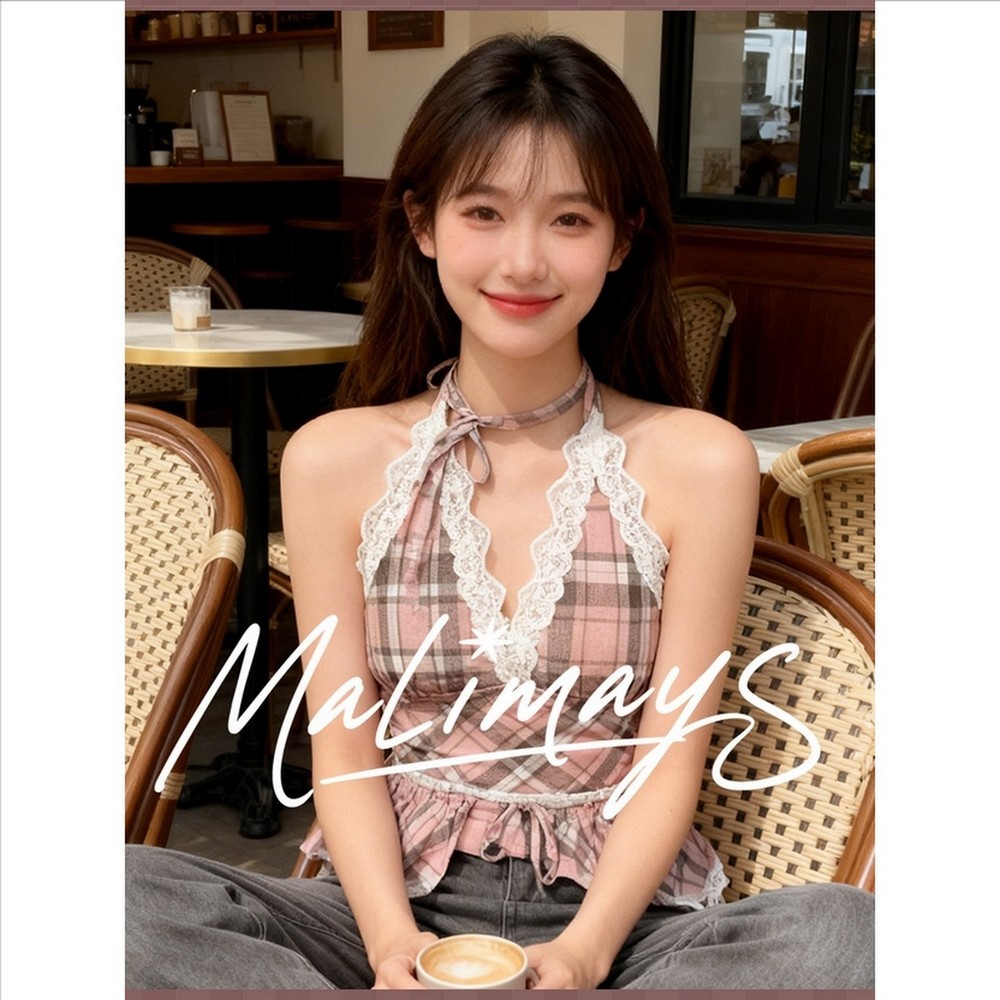MALIMAYS-Scott Hunny Topเสื้อคล้องคอสก็อตแต่งลูกไม้ (พร้อมส่ง)