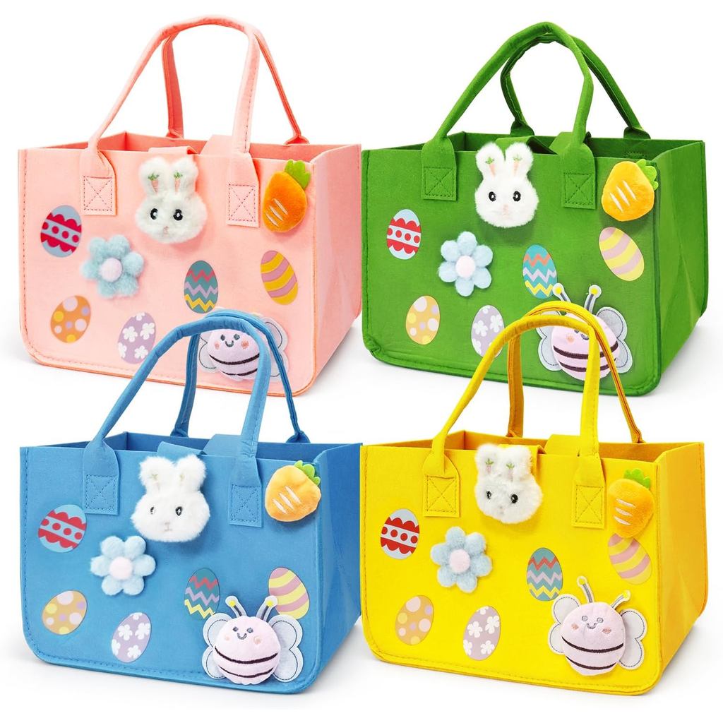 PARSUP 4PCS Easter Egg Hunt Bags Happy Easter Bunny Bags with Handle, Easter Treat Bags, Felt Easter