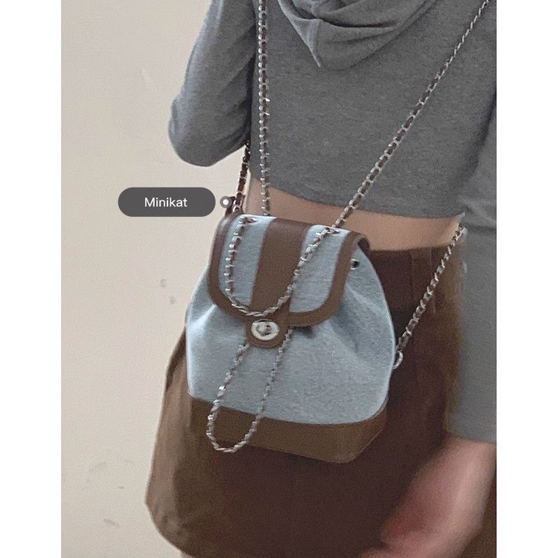 [Jack & Nina] กระเป๋าเป้สะพายหลัง Denim 2024 อินเทรนด์เกาหลี Casual Niche Blogger โซ่ไหล่ถัง