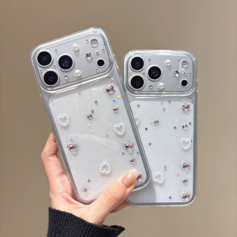 3D Heart Rhinestone Pearl Glitter TPU สําหรับ iPhone 17 16 15 14 13 12 11 Pro Max กันกระแทก