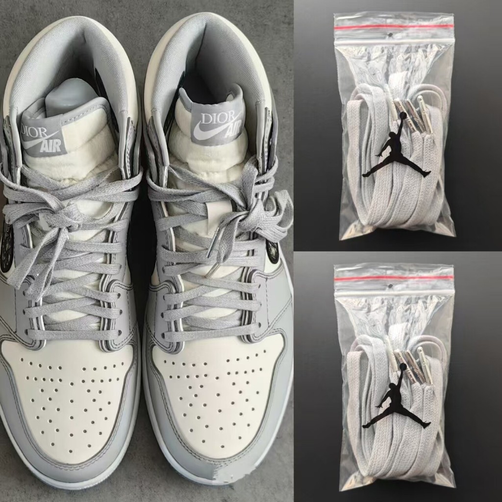 เหมาะสําหรับ DIOR xAir Jordan1 High OG สีขาวสีเทาเชือกผูกรองเท้า Original สีเทาหัวโลหะเชือกผูกรองเท้
