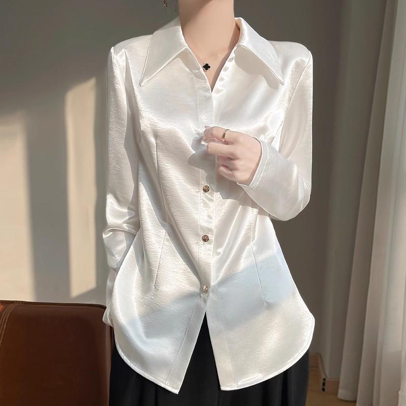 Red Berry เสื้อโปโลแขนยาวผ้าซาตินสไตล์ฝรั่งเศสสำหรับผู้หญิง เหมาะสำหรับทุกฤดูกาล 99305