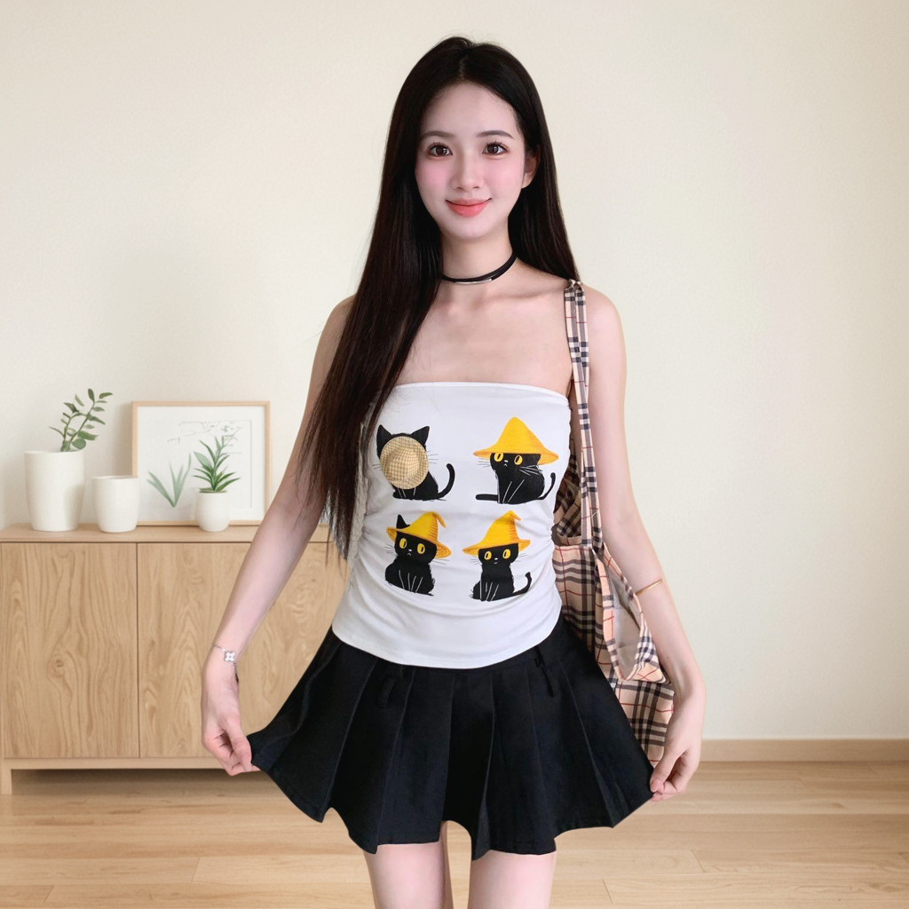 เสื้อเกาะอกจั๊มเอว ลายแมวน่ารัก พร้อมบราในตัว ใส่สบาย ไม่ต้องใส่เสื้อชั้นใน รุ่น TZH33022