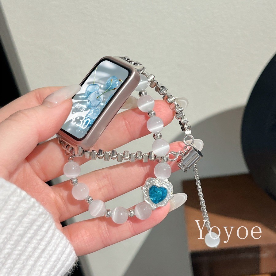 Cat Eye Stone สําหรับ Huawei Band 10 9 8 ผู้หญิง Handmade Band สร้อยข้อมือสําหรับ Huawei Watch Fit 3 4 4pro สายรัดข้อมือ