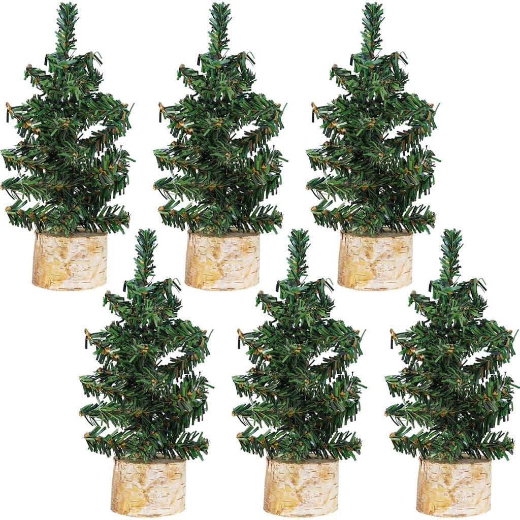 Winlyn 6 แพ็คมินิต้นคริสต์มาสประดิษฐ์ Canadian Pine Tree พร้อมฐานไม้ขนาดเล็กโต๊ะต้นไม้ 7.9 "สูงสําหร