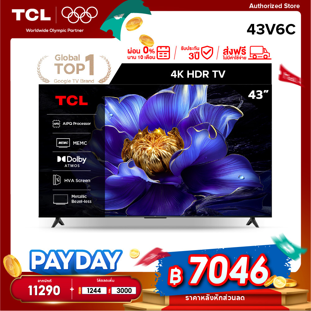 [NEW 2025] TCL ทีวี 43 นิ้ว 4K UHD Google TV รุ่น 43V6C HVA Panel,Dynamic Color Enhancement,Dolby Au