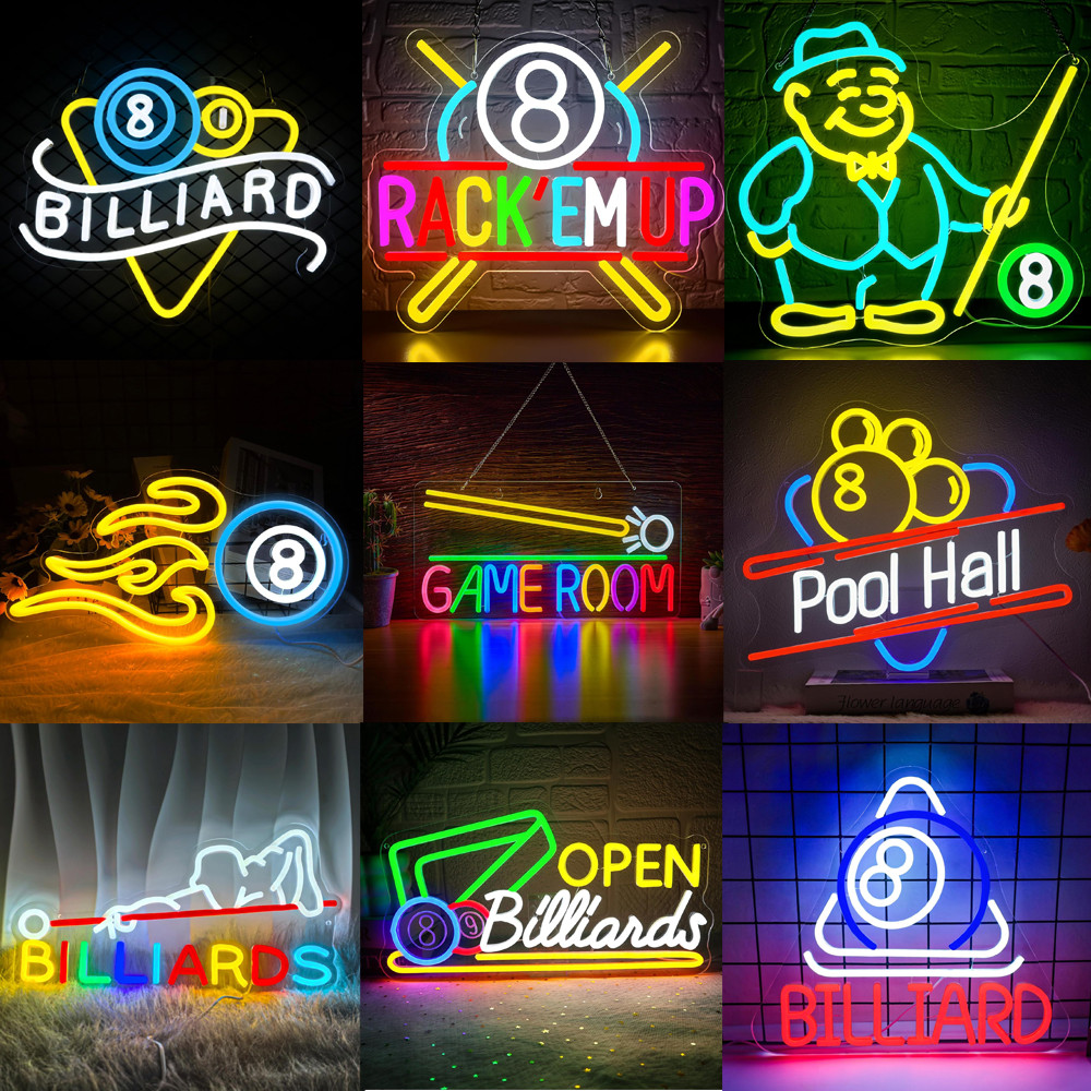 บิลเลียด ป้ายนีออน Pool Hall ป้ายนีออนสําหรับตกแต่งผนังหรี่แสงได้ Id Hit That 8 Ball บิลเลียดไฟ LED สําหรับสระว่ายน้ําห้องคลับบาร์เกมห้องป้ายสระว่ายน้ําธุรกิจ Decor ของขวัญเย็นสําหรับผู้ชาย