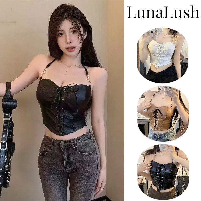 LunaLush✨เสื้อคุณภาพดี เสื้อแขนกุด คล้องคอ ผ้าหนัง มีฟองน้ำ สไตล์เซ็กซี่สาวร้อน "FY9067#1"