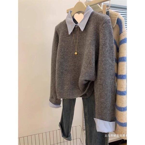 สเวตเตอร์ sweater set sculptor sweater เสื้อกันหนาวผู้หญิงสองชิ้น ฤดูใบไม้ร่วง สไตล์คมชัด สีเทา