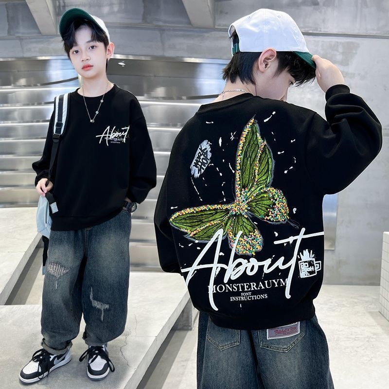 จัดส่งภายใน 24 ชั่วโมง เสื้อสเวตเตอร์เด็กผู้ชาย 2026 สไตล์ใหม่สำหรับฤดูใบไม้ผลิและใบไม้ร่วง ไซส์ใหญ่ พิมพ์ลายบนผ้าฝ้ายแท้แขนยาว