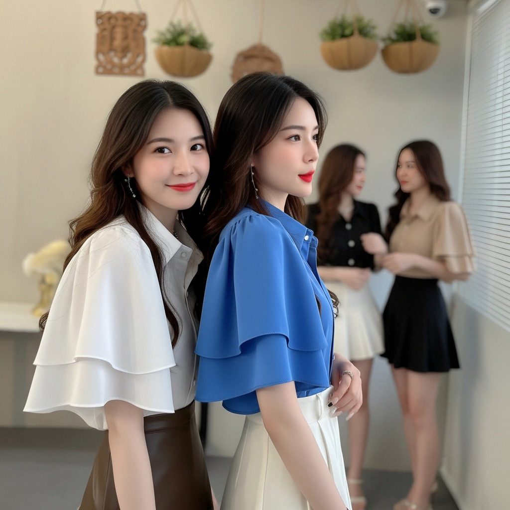 เสื้อเบลาส์แขนเลเยอร์ระบายสองชั้น สไตล์เรียบโก้ใส่ไปงานสังคมได้ทุกโอกาส