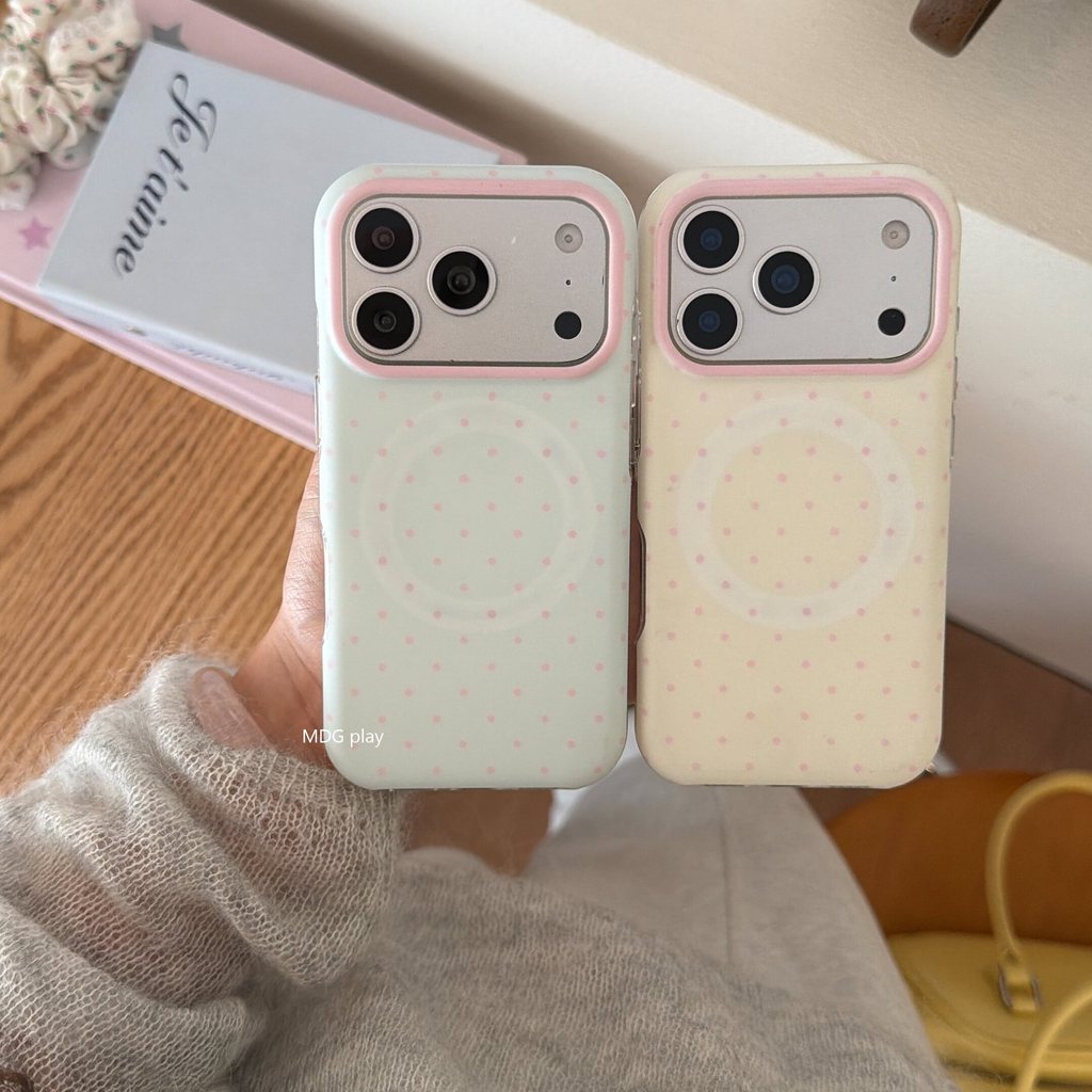 สไตล์เกาหลี ins สไตล์ฤดูใบไม้ผลิ Macaron Contrast สี Polka Dot เหมาะสําหรับ 17Promax เคสโทรศัพท์ 16Pro สไตล์ใหม่ 15 Frosted 14 รอบขอบแม่เหล็ก 17 รวมทุกอย่าง Shock-proof กรณี