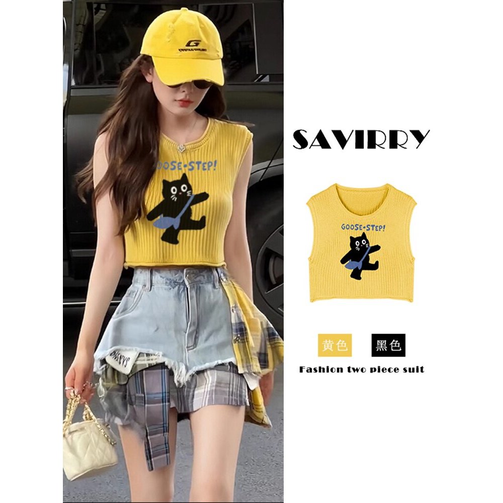 GAKKI รุ่น 19271# เสื้อไหมพรมแขนกุด ลายแมวดำสุดน่ารัก สไตล์เกาหลี Y2K เนื้อผ้านุ่ม พร้อมส่งจากไทย