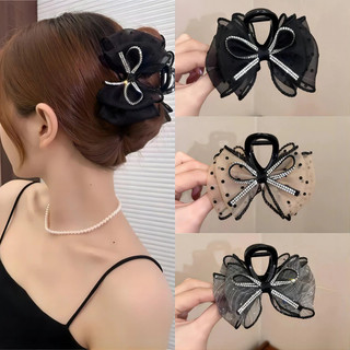 New Korean Mesh Bow Hair Clip for Women Elegant Rhinestones Hair Clamp Fashion Girl Ponytail Clip