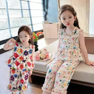 DY06 [รุ่นใหม่ ] ชุดเด็กผู้หญิงฤดูร้อน เสื้อกล้าม+กางเกงขายาว ลายดอกไม้หมีน้อย น่ารักสดใส ผ้าบางเบา