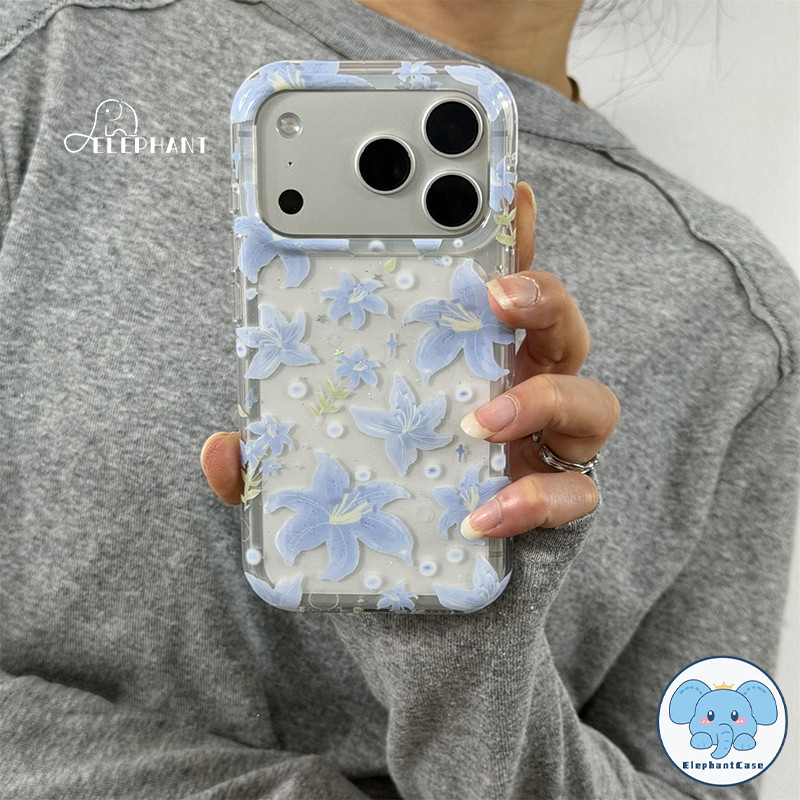 เคสใสผงแวววาว ลายดอกลิลลี่สีฟ้า น่ารัก สไตล์ฮิต สำหรับIPhone 15 Air 11 17 16 13 12 14 Pro Max X XR 14 7 16 15 8 Plus SE
