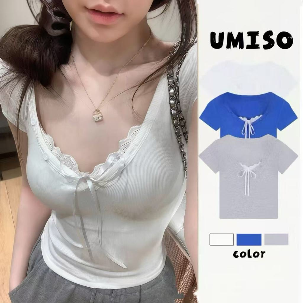 ส่งไวจากไทย เสื้อยืดผู้หญิง คอวีลูกไม้ แขนสั้น สไตล์ไอดอลเกาหลี หวานน่ารัก UMISO