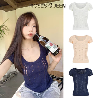 MOSESQUEEN เสื้อเบลาส์แขนสั้นทรงหลวม ลายฉลุ คอปก สำหรับฤดูร้อน #69028