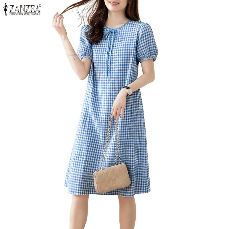 ชุดเดรสผู้หญิง Korean Vintage แขนพัฟ ลายสก๊อต A-Line พร้อมโบว์คล้องคอด้านหน้า