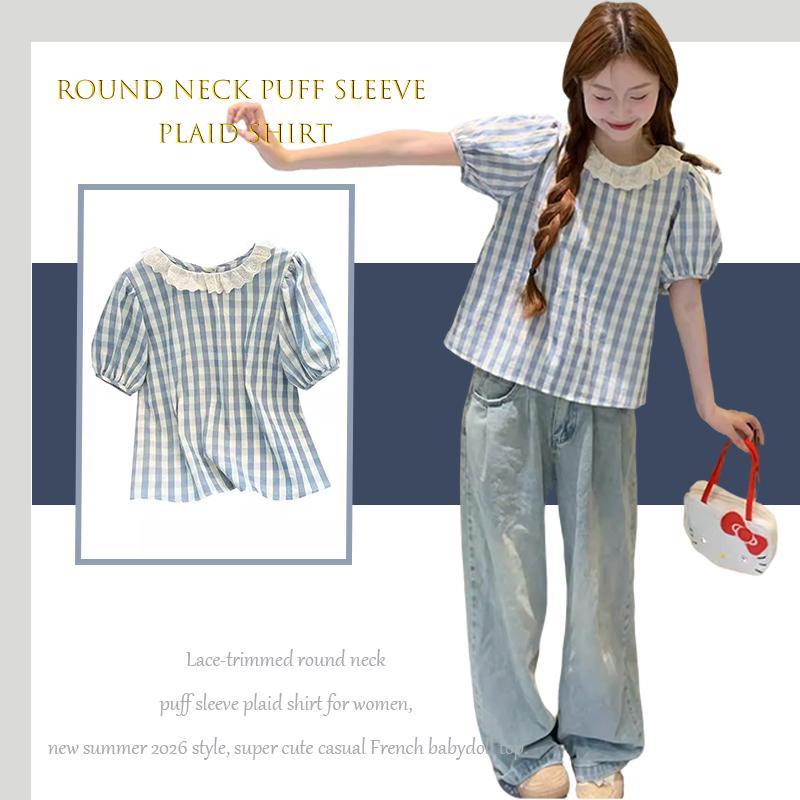 เสื้อเชิ้ตคอกลมแต่งลูกไม้ ลายสก็อดแขนตุ๊กตา ใส่ได้ทั้งสองด้าน แฟชั่นฤดูร้อนน่ารักมาก สไตล์เกาหลี 99129