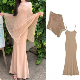 long dress 連衣裙 summer Brown Lace Shawl Dress Suit Suitable for Vacation Seaside Photography