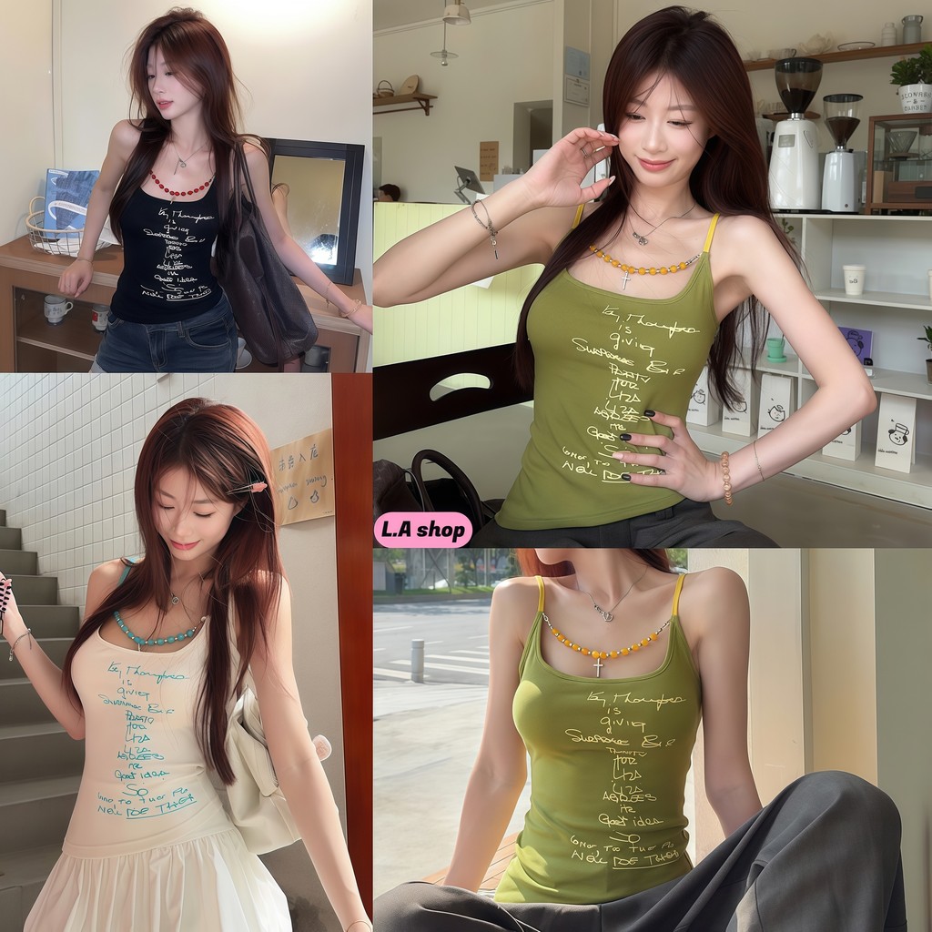 L.A Shop★พร้อมส่ง สายเดี่ยวผู้หญิง มีฟองน้ำ ปรับรูปร่างให้ดูผอม สร้อยลูกปัด สไตล์หวานเผ็ด -FY946