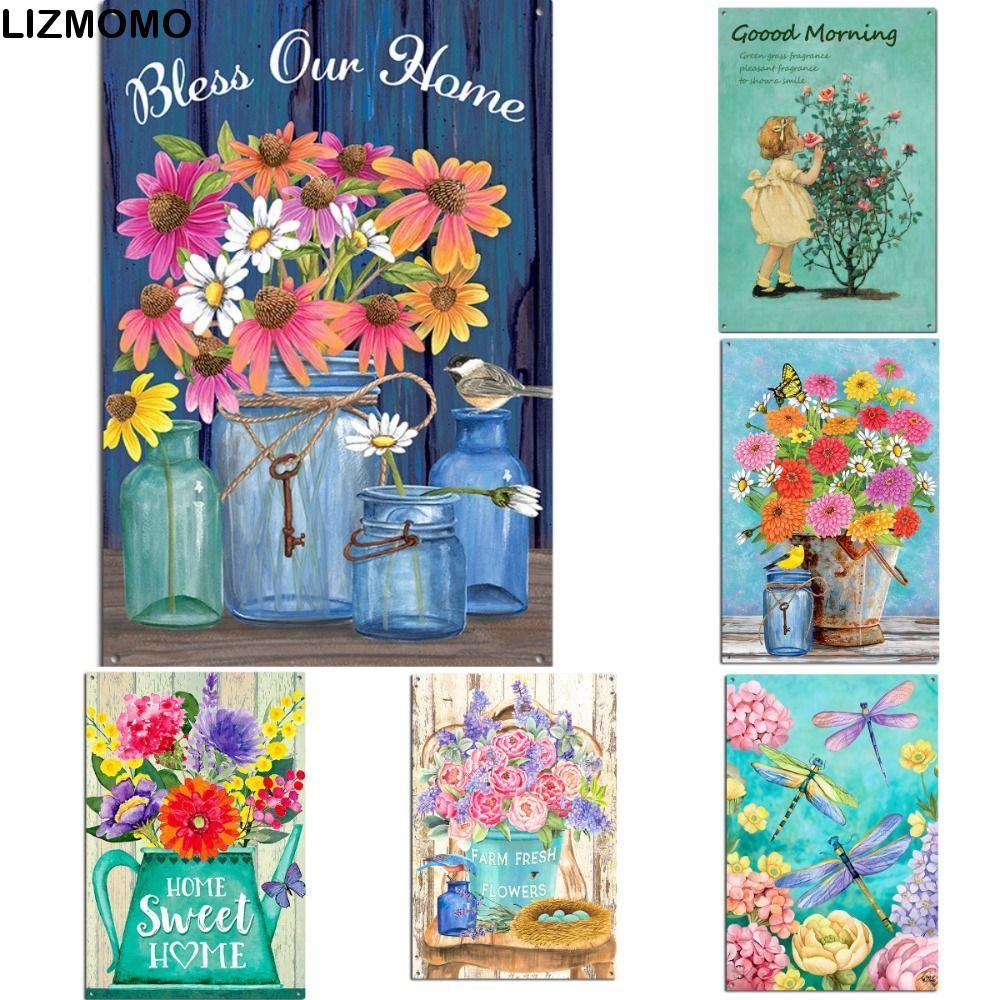LIZMOMO Art Plaque, ดอกไม้ Retro ป้ายดีบุกโลหะ, สวนผีเสื้อ Shabby Chic Pastoral Wall Decor ห้องนั่งเล่น