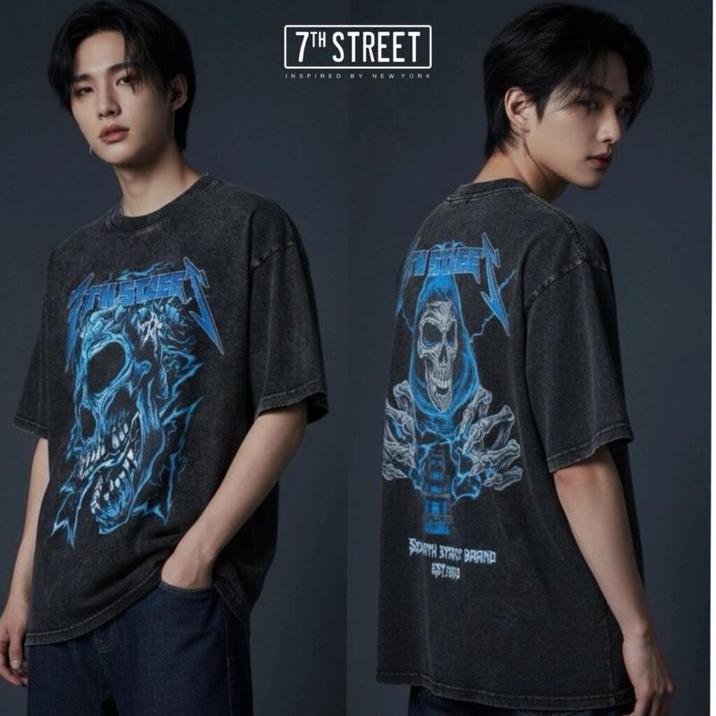 7th Street Oversize Vintage (สกรีน2หน้า) ผ้าCotton Comb ฟอกซีดสไตล์วินเทจ ฟอกแบบตัวต่อตัวขึ้นริ้วตาม