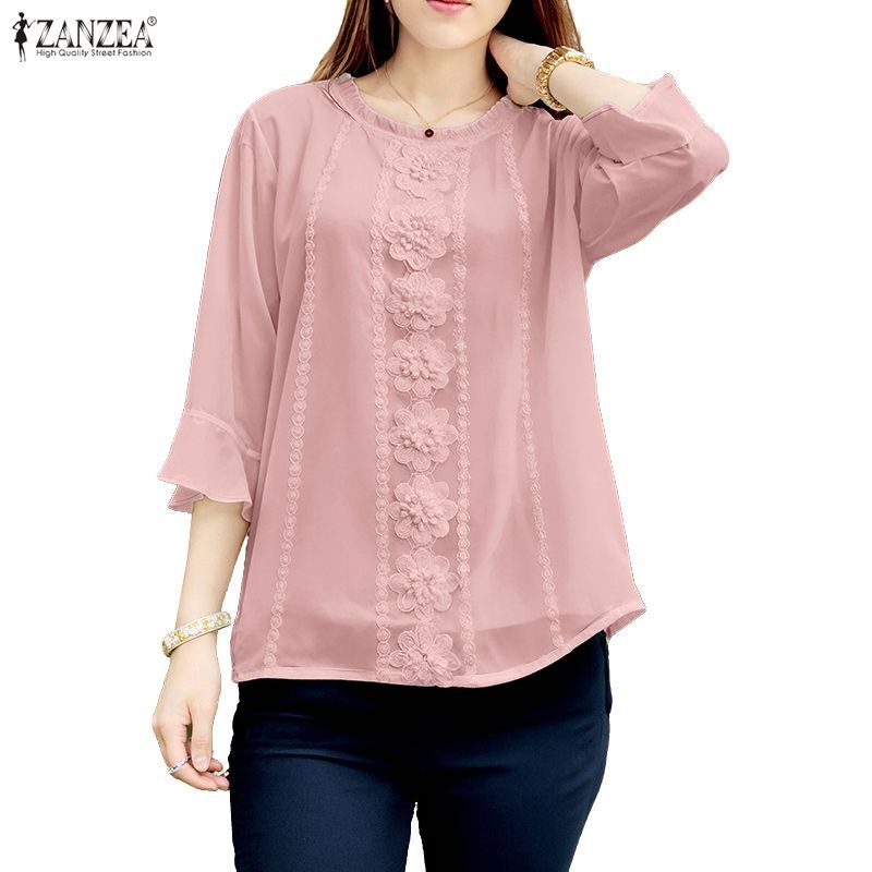 ZANZEA เสื้อลูกไม้สำหรับผู้หญิง ดีไซน์สไตล์เกาหลีแขน3/4 วัสดุทึบแสง