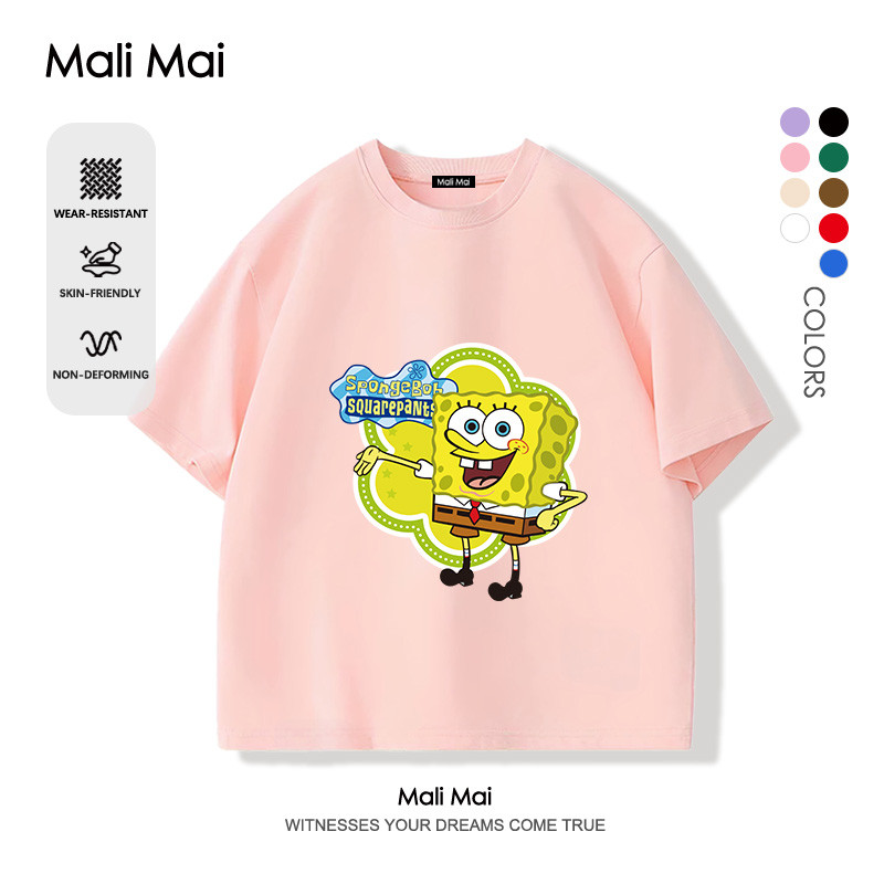 สบายและนุ่ม เสื้อยืดเด็กผู้หญิง คอกลม SpongeBob SquarePants น่ารัก มี 9 สี (ส่งเร็ว จัดส่งจากไทย)