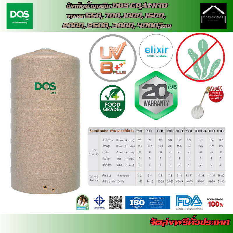 DOS ถังเก็บน้ำบนดิน GRANITO ท่อนอก-ใน ขนาด 550, 700, 1000, 1500, 2000, 2500, 3000H, 4000ลิตร แถมฟรี!
