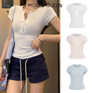< MOSESQUEEN > มอสเนสควีน ผู้หญิงคอลูกเรือแขนสั้นสีทึบด้านบนหลายสีที่มีนุ่มสบายระบายอากาศมีสไตล์สลิมฟิตทุกการแข่งขันชุดลําลองทุกวัน #63507