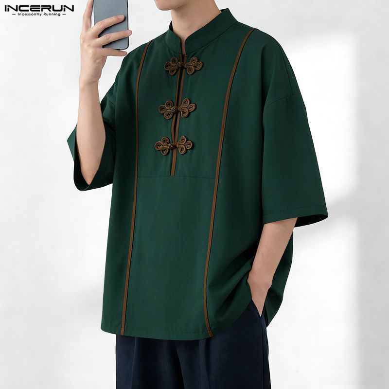 เสื้อเชิ้ตผู้ชาย แบบตัดขอบติดกระดุมและแขนห้าส่วน สำหรับสไตล์ทางการ