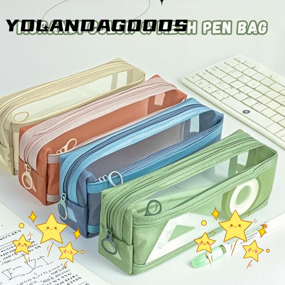 YOLA Pencil , กระเป๋าใส่ปากกาตาข่ายสองชั้น, ของขวัญจัดระเบียบเครื่องเขียนความจุขนาดใหญ่แบบใสแบบพกพา