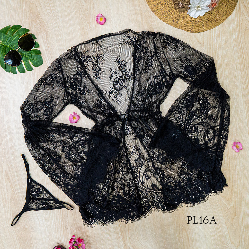 กิโมโนชุดชั้นในชุดนอนพรีเมี่ยมลูกไม้สีดํา PL16A