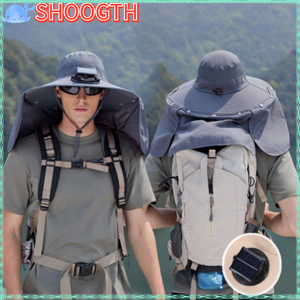 SHOOGTH หมวกกันแดดร่มระบายอากาศ พร้อมพัดลมและพนักคอกันแสง UV สามารถถอดออกได้ มีขอบกว้างและช่องชาร์จ USB