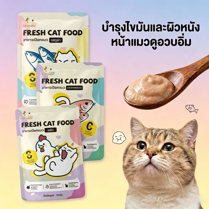 【Ketzuzu】70G อาหารเปียกแมว เสริมกล้าม โปรตีนสูง สุขภาพดี  กินได้ทั้งแมวโตและลูกแมว แซลมอน รสทูน่า