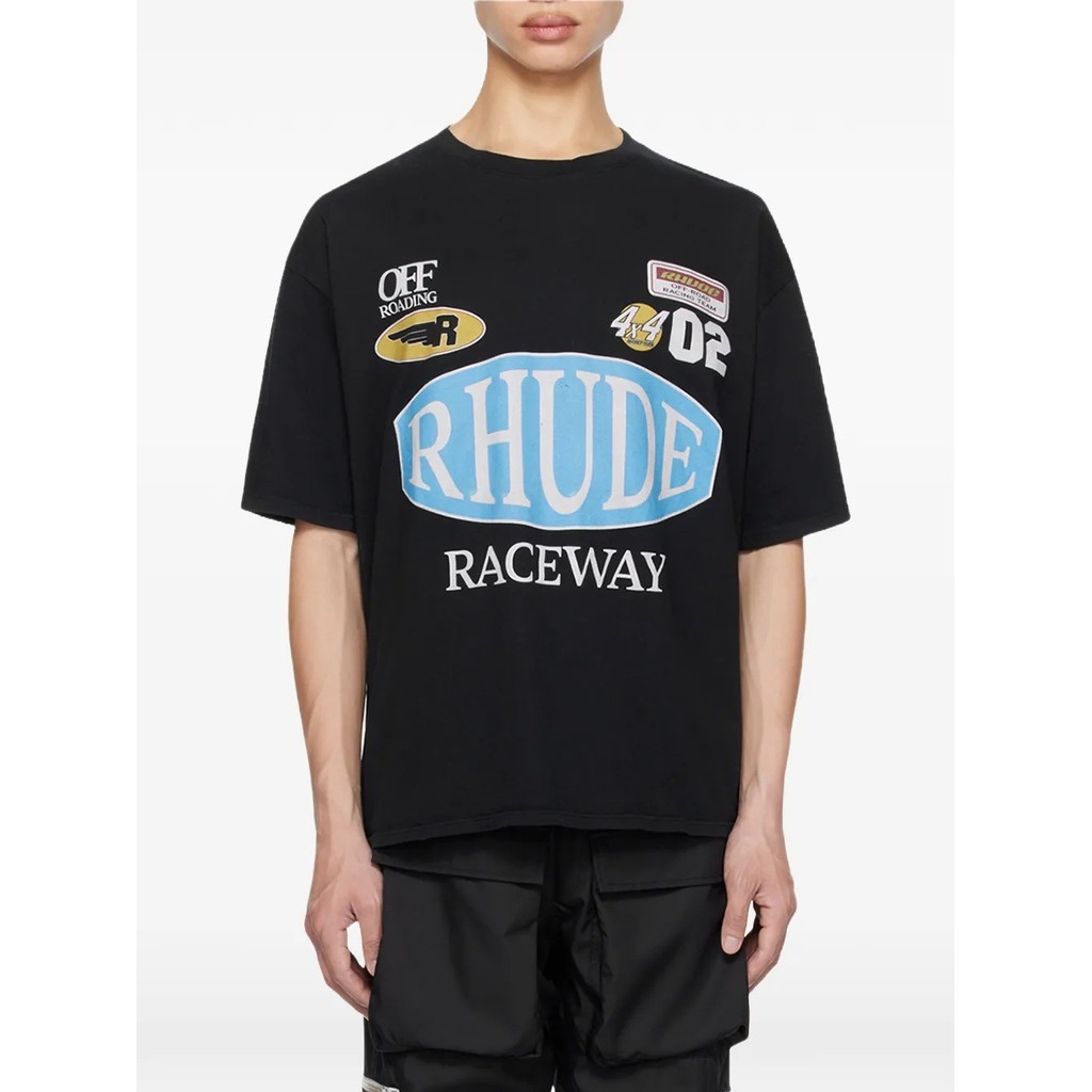 FX9X Rhude Summer New Arrival Vintage Creative Print Short Sleeve T Black unisex high street loose-f