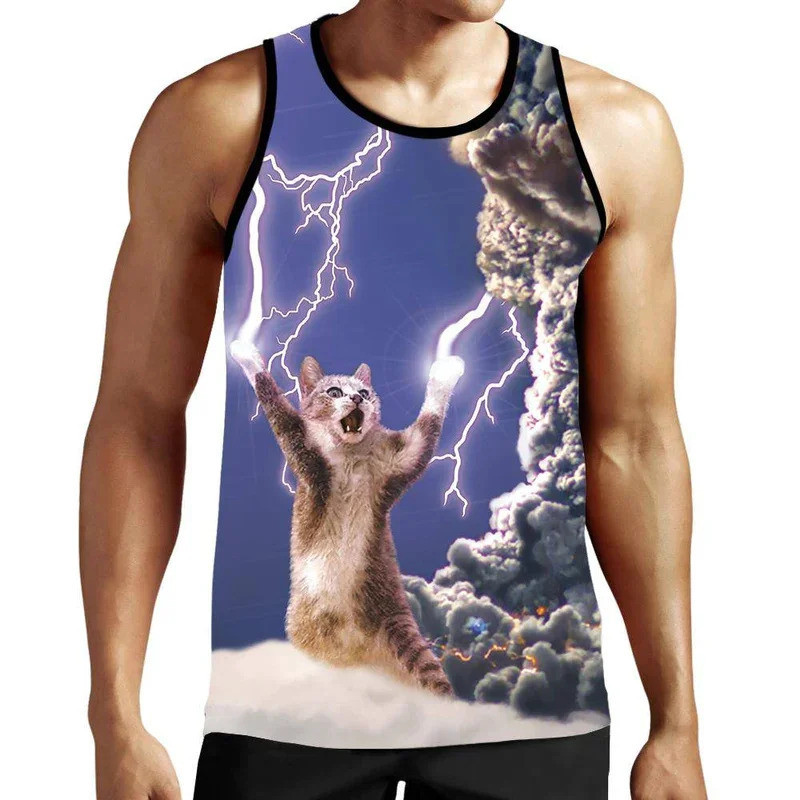Sky Cat Tank Tops ผู้ชายผู้หญิง 3d พิมพ์น่ารัก Lightning Cat เสื้อกั๊ก Tops สาว Y2k Tops Graph เสื้อ