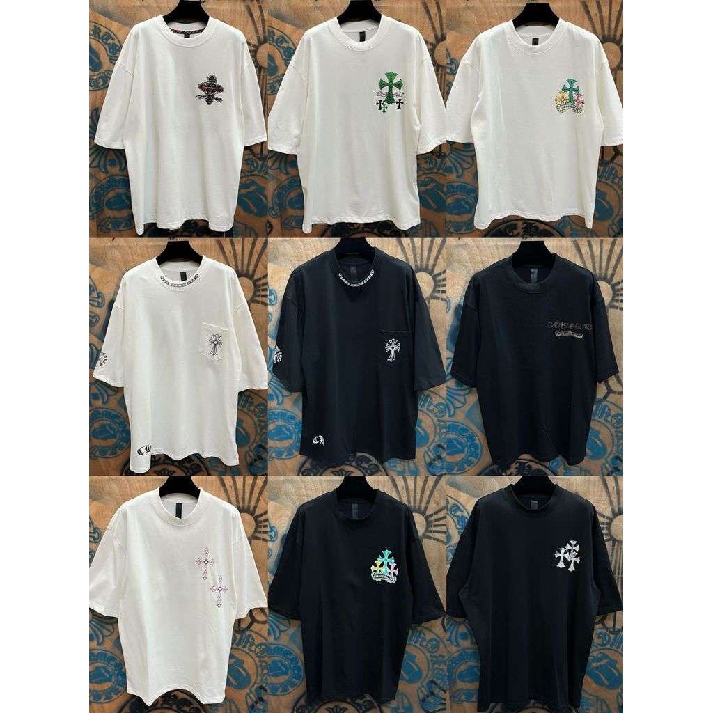 4UMV Chrome Hearts Spring and Summer Couple Style Cross Patchwork Leather Print Sanskrit Loose Short