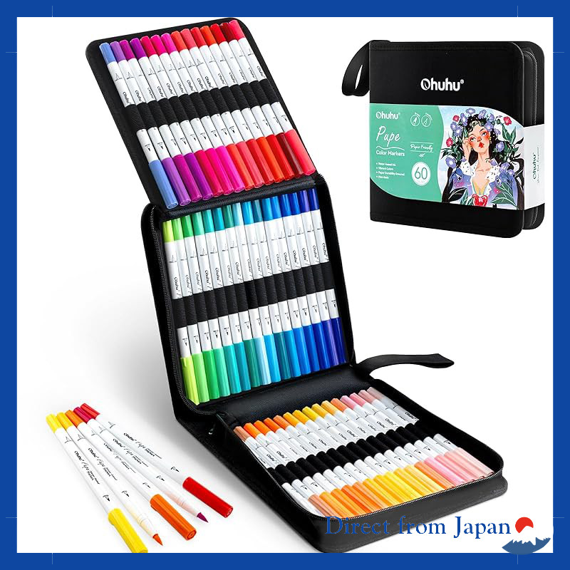 Ohuhu 60-Color Watercolor Art Markers - Dual Tip (Brush & Fine) - Blender Pen & Case Included