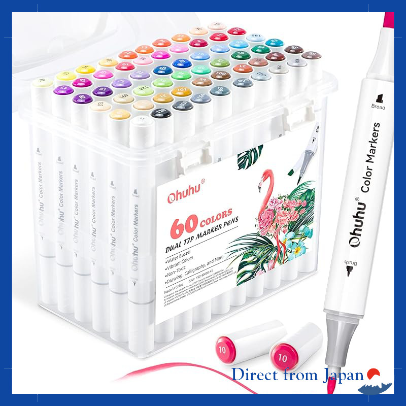 Ohuhu 60-Color Watercolor Art Markers - Dual Tips (Brush & Fine) - With Carrying Case